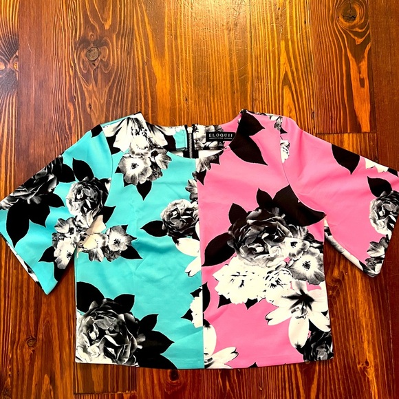 ELOQUII Colorblock Floral Cropped Blouse Hot Pink & Turquoise Plus Size - Picture 2 of 5